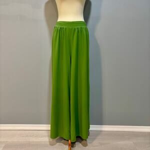 Bright Green Shirred Palazzo Pants High Waist Wide Leg Flowy Trousers, Size L